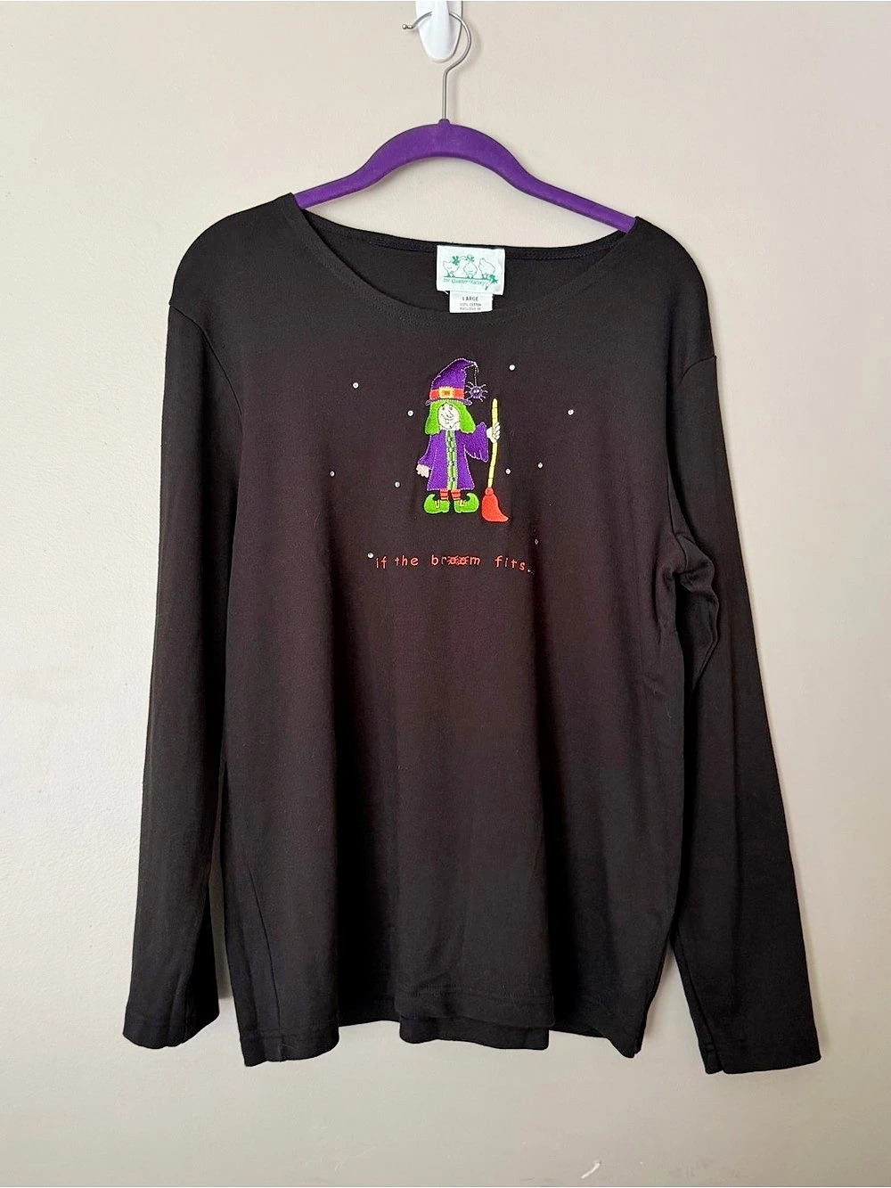 Quacker Factory If The Broom Fits Halloween Witch Top Black & Purple Large Like